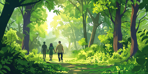 An outdoor nature walk therapy session in a lush green forest, with patients connecting with nature and finding solace in its peacefulness.