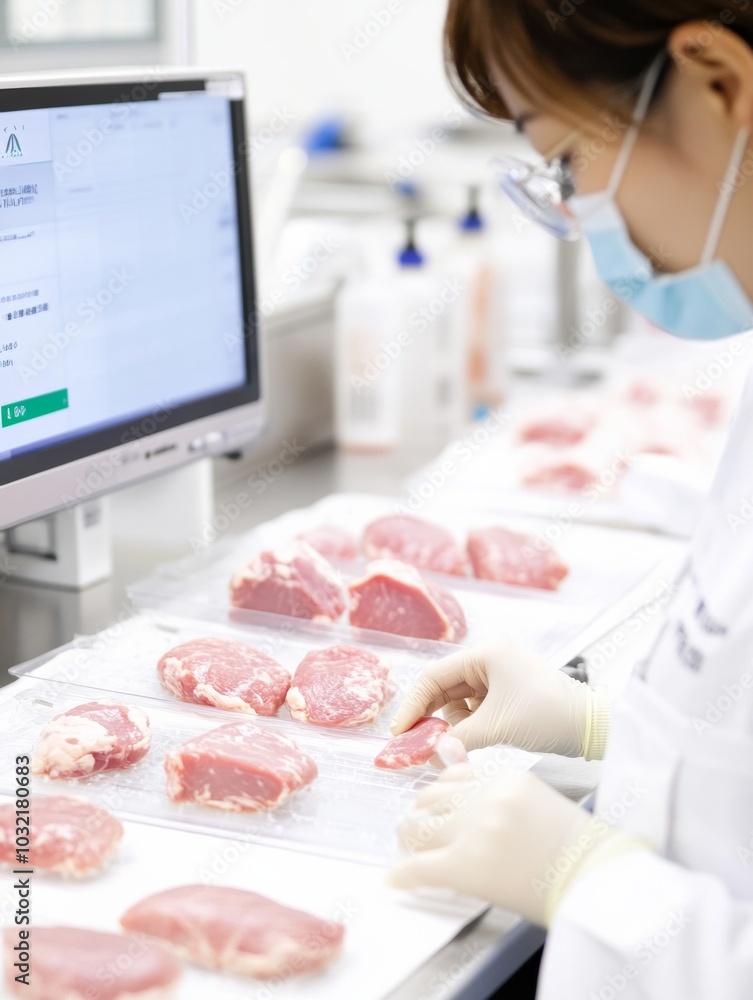 Aufkleber Scientists Analyzing Cultivated Meat Samples in Cutting-edge Laboratory with Digital Display