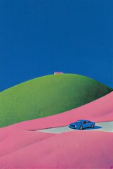 Blue Car Driving on Surreal Pink and Green Hills
