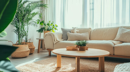 A modern living room with a large comfortable sofa, wooden coffee table, and a big window letting in natural sunlight, decorated with indoor plants and cozy cushions