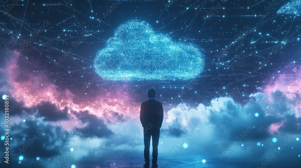 Poster cloud erp, enterprise resource planning concept. businessman connects data with cloud computing to h