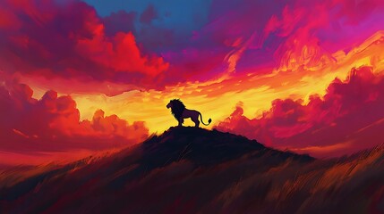 Fototapeta premium Silhouette of a lion standing on a hilltop against a vibrant sunset sky