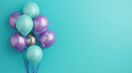 vibrant photograph of a bunch of balloons in purple and mint green set against an aqua blue background, symbolizing celebration and joy, with copy space ideal for advertising design templates