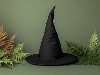 Fototapeta premium A classic black witch hat on a green background surrounded by lush ferns.