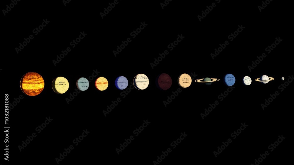 Poster a simplified representation of the solar system with the sun, planets, and dwarf planet pluto in a l