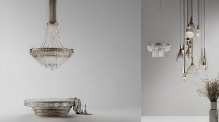 Elegant crystal chandeliers and pendant lights hanging over a white round table with fabric draped over it.
