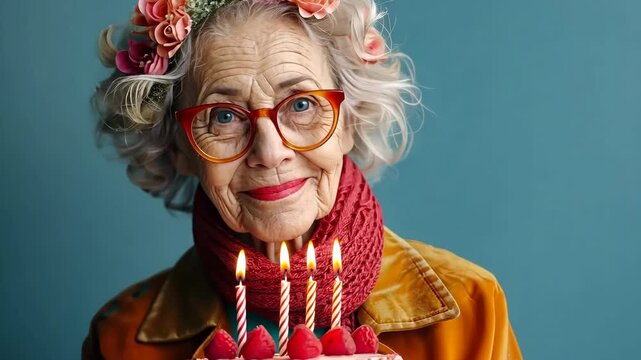 A sophisticated, happy senior lady celebrates her birthday with a flower wreath and cake.