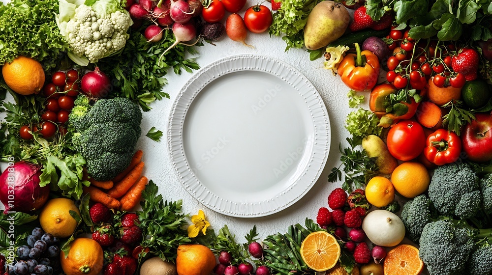 Poster visually appealing layout featuring a variety of fresh fruits and vegetables surrounding an empty pl