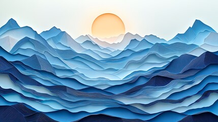 Fototapeta premium Layered mountain landscape silhouette with intricate paper cut designs, depth and texture for travel and adventure themes