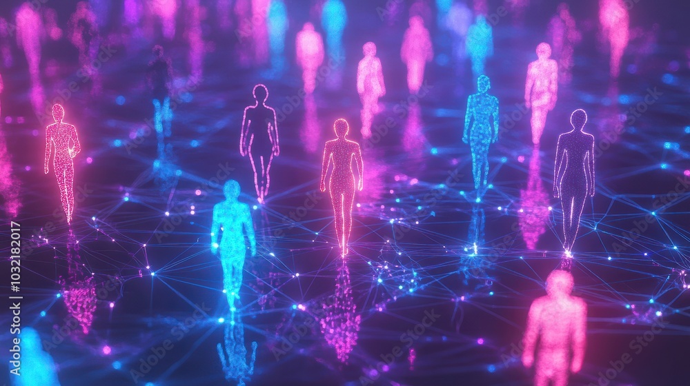Poster colorful figures connected by lines illustrating social media networks and interactions