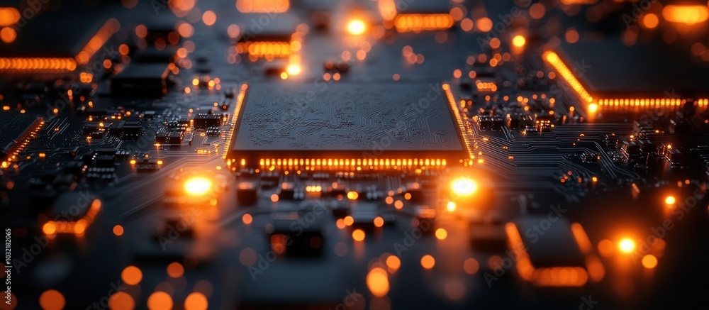 Poster A close-up of a circuit board with a central processor glowing orange, showing the complexity of technology.
