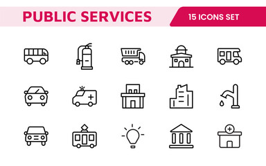 Set of outline Public Services icons. Minimalist thin linear web icon set. Line icons related to public utilities. Gas, electricity, water, heating.