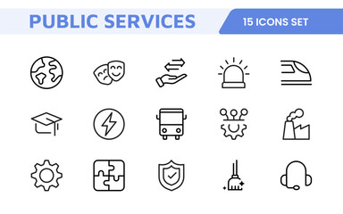 Set of outline Public Services icons. Minimalist thin linear web icon set. Line icons related to public utilities. Gas, electricity, water, heating.