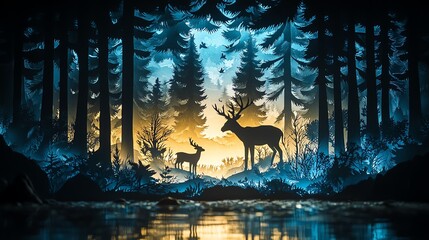 Multilayered forest scene silhouette created with paper cut technique, featuring animals and trees, atmospheric nature art for environmental campaigns