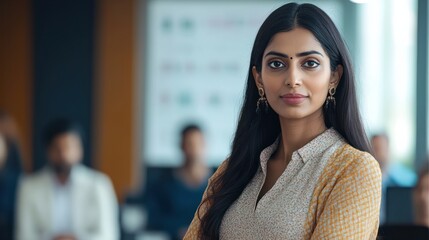 Confident Indian Female Executive Leading Presentation with Interactive Data Visuals