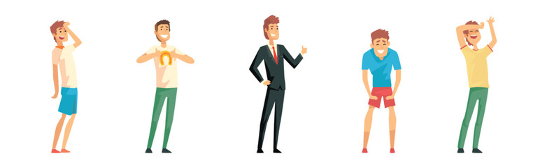 Happy Man Character Rejoice with Achievement and Success Vector Set