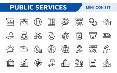 Set of outline Public Services icons. Minimalist thin linear web icon set. Line icons related to public utilities. Gas, electricity, water, heating.