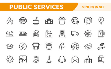 Set of outline Public Services icons. Minimalist thin linear web icon set. Line icons related to public utilities. Gas, electricity, water, heating.