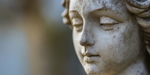 Obraz premium Close-up of an antique stone statue showing serene expression, evoking timeless peace and calm reflections.