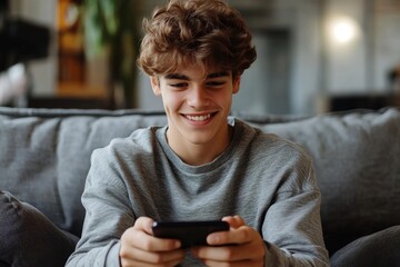 Image of a smiling cheery young man indoors at home play games by mobile phone, sitting on sofa, Generative AI