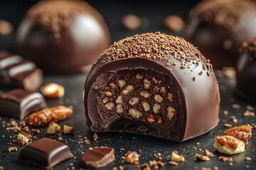 A chocolate dessert with nuts and chocolate chips on a black table
