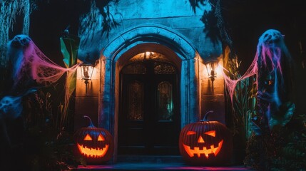 Spooky Halloween Entrance with Pumpkins and Ghosts