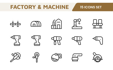 Factory and Machine Icons Collection: A Versatile Set for Industrial Design, Production Workflows, Machinery, Factory Management, and Engineering Solutions.