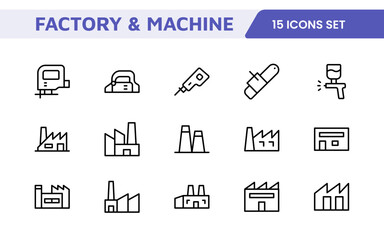 Factory and Machine Icons Collection: A Versatile Set for Industrial Design, Production Workflows, Machinery, Factory Management, and Engineering Solutions.