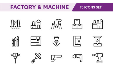 Factory and Machine Icons Collection: A Versatile Set for Industrial Design, Production Workflows, Machinery, Factory Management, and Engineering Solutions.