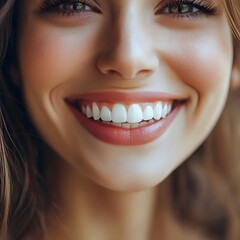 Fototapeta premium Closeup of a woman's smile with perfect teeth and rosy lips.