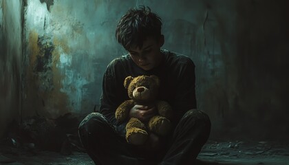In a dimly lit, decaying room, a sad boy clutches his teddy bear, with muted tones emphasizing his isolation and vulnerability, symbolizing lost innocence