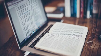 Open Book Resting on a Laptop with a Wooden Table in the Background