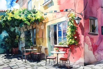 Fototapeta premium European Summer Street Cafe Scene, Watercolor Illustration of Cozy Terrace in Urban City