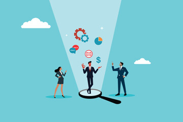 Businessman in Focus, Standing on a Transparent Magnifying Glass