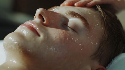 Naklejka premium Close-up of a young man receiving a facial massage, with his eyes closed and his face covered in a clear gel.