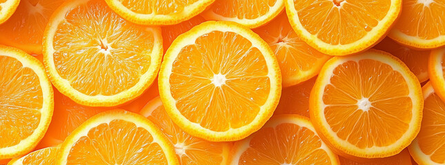 Artistic arrangement of orange slices and whole oranges, shot from above in a fun pattern, bright light orange background, studio lighting