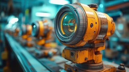 Fototapeta premium Close-up of a yellow sensor on a production line.