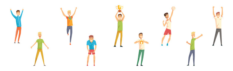 Happy Man Character Rejoice with Achievement and Success Vector Set