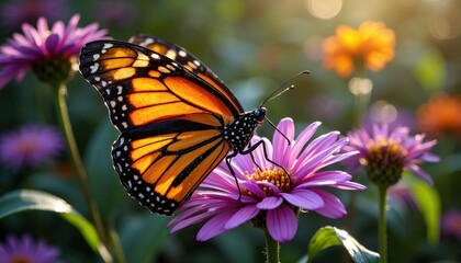 Fototapeta premium Close-up of a brilliant orange monarch butterfly resting on a bright purple wildflower, its wings shimmering in the sunlight against the vibrant backdrop of nature