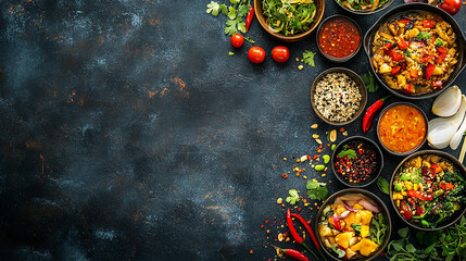A colorful assortment of Asian oriental dishes arranged in bowls