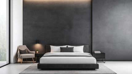A minimalist bedroom with a monochrome color scheme and a stylish bed, offering a sleek, modern design that combines simplicity with elegance, ideal for a contemporary interior setting.