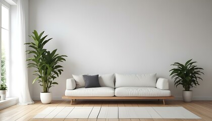A minimalist living room with a white sofa, wooden floor, and a potted plant in the corner.