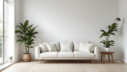 A minimalist living room with a white sofa, wooden floor, and a potted plant in the corner.