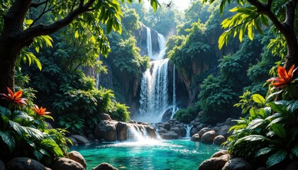 Fototapeta premium water, waterfall, sunlight, dappled, jungle, wild, alive, cascades, wildlife, serene, ecosystem