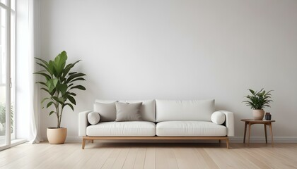 A minimalist living room with a white sofa, wooden floor, and a potted plant in the corner.
