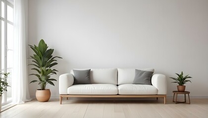 A minimalist living room with a white sofa, wooden floor, and a potted plant in the corner.