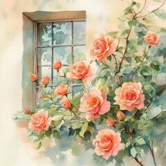 Obraz premium Romantic Rose Bush. Beautiful Watercolor Illustration of Climbing Roses on Decorative Wall