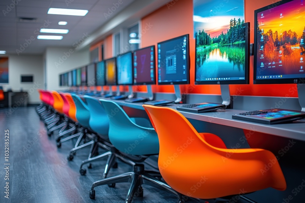 Poster a row of modern computer workstations with colorful chairs in a bright and airy computer lab.