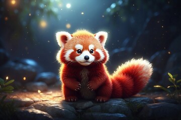 Obraz premium Cute Little Red Panda Standing in the Darkness with a Golden Aura and Snowy Glow