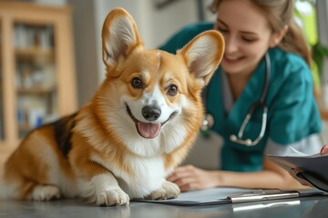 Professional man veterinarian doctor looking at pembroke welsh corgi dog during checkup in clinic while lady assistant taking notes in clipboard, Generative AI